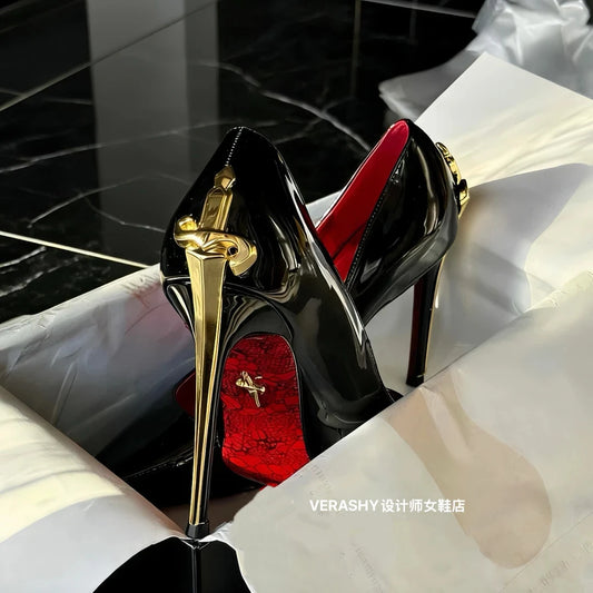 Red Bottom Metal Wand Sexy Sword Pointed Toe Thin Heel Evening Single High Heel Printed Bottom Comfortable Wear Ultra High Heels