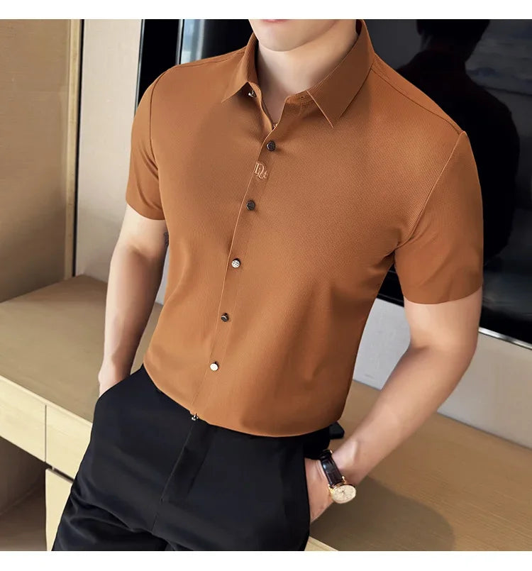 Men's White Business Casual Shirt, Fitted Striped Elastic Short-sleeved Shirt, Exquisite Embroidered Summer Formal Work Uniform.