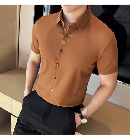 Men's White Business Casual Shirt, Fitted Striped Elastic Short-sleeved Shirt, Exquisite Embroidered Summer Formal Work Uniform.