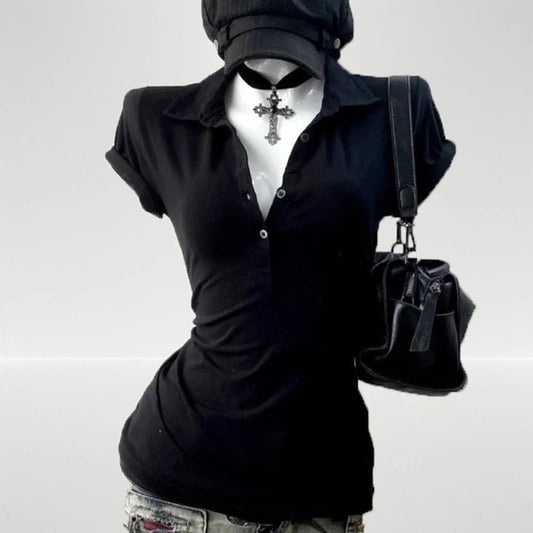 Graphic Harajuku POLO Collar Solid Short Sleeve Women's T-shirts 90s Clothes Vintage Women  Female Trashy Y2k 2000s Tops Gothic