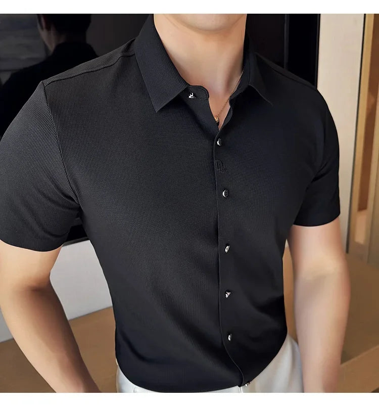 Men's White Business Casual Shirt, Fitted Striped Elastic Short-sleeved Shirt, Exquisite Embroidered Summer Formal Work Uniform.