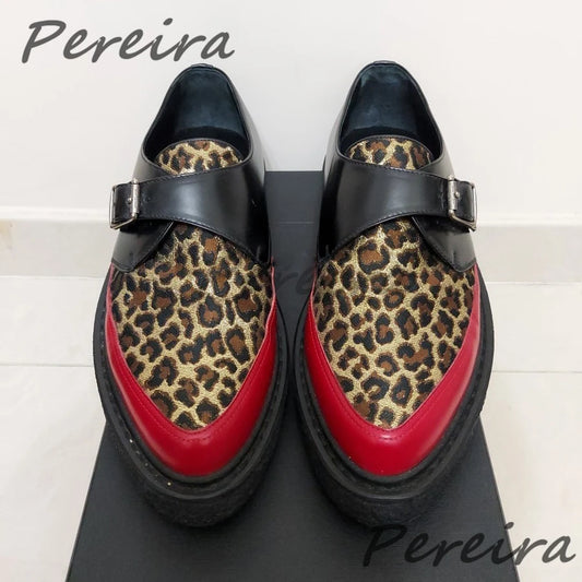 Men's Leopard Print Cowhide Derby Shoes Pointed Toe Genuine Leather Thick Soled Oxfords Spring Summer New Business Dress Shoes