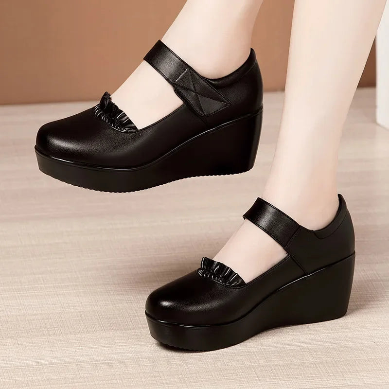 6cm Small Size 32-43 Comfortable Med Heels Pumps Soft Leather Mary Janes 2026 Women's Platform Wedges Shoes for Office Mom Dance