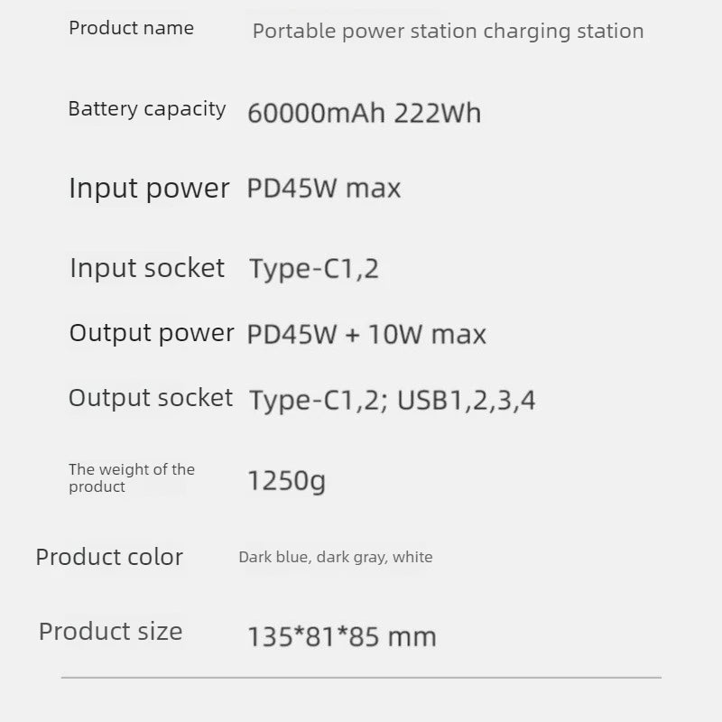 45W 60000mAh Fast Charging Power Bank Large Capacity Safe Portable Power Supply for Camping and Emergency Energy Storage