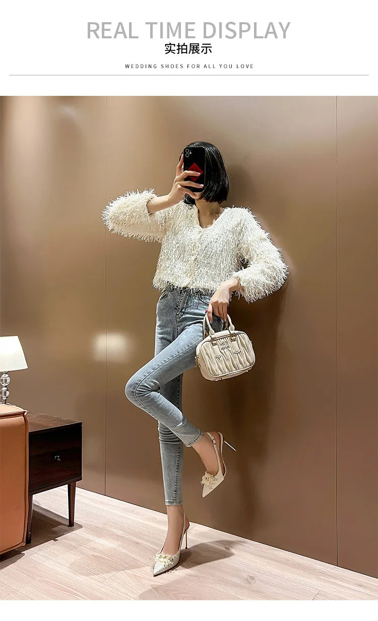 French Bride Gold Wedding Shoes spring women Thin Heel Pointed Shallow Mouth Flower Rhinodrill High Heels  Fashion Sandals