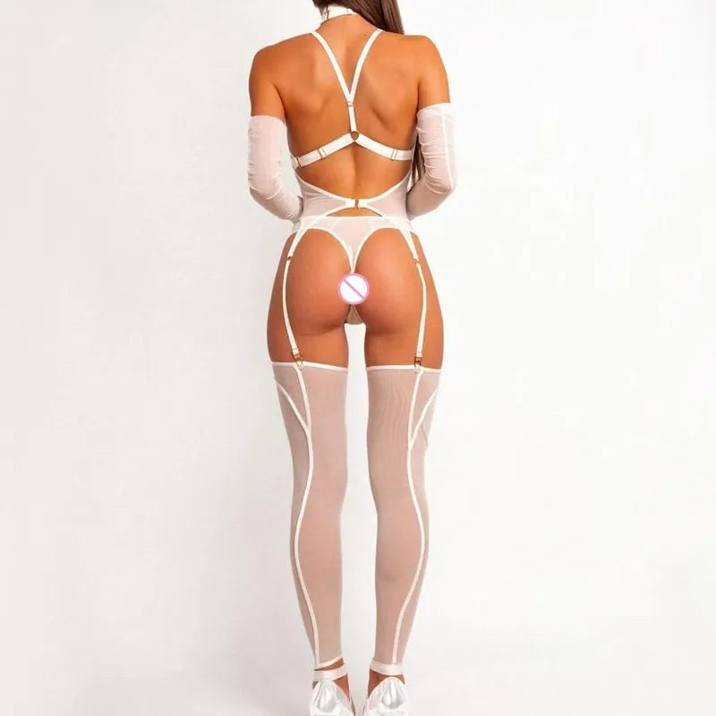 Lingeries Sexy Hot Tempted Intimate Bra Thong 2PC Set with Garter Belts Stockings Gloves Fantasy Sheer Daring Lingerie for Women