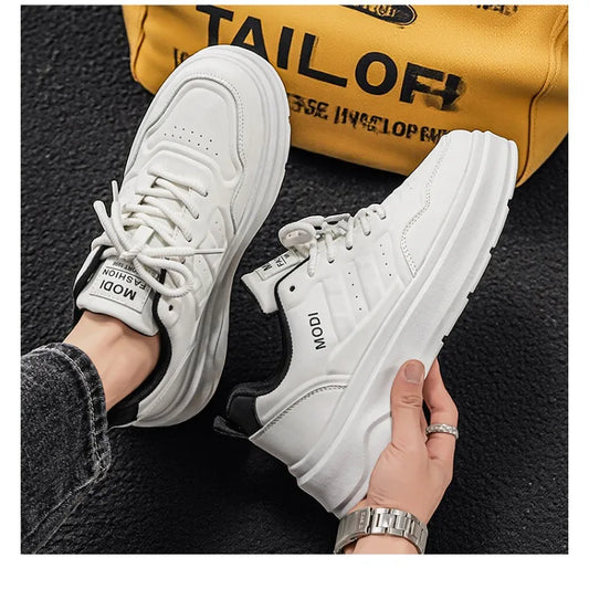 2026 Summer Men's White Platform Sneakers Leather Casual Shoes Thick Sole Streetwear Trendy Footwear