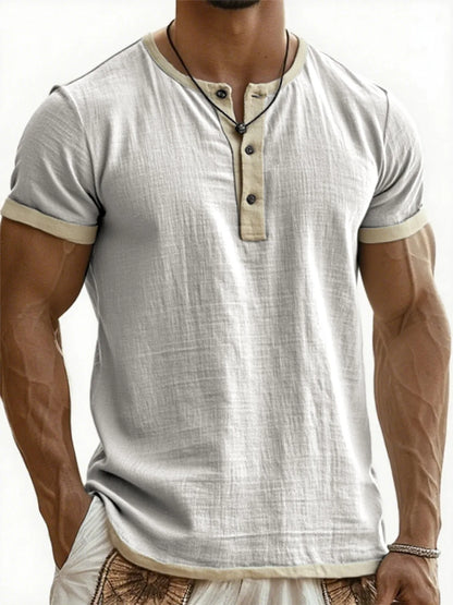 Summer New Men's Cotton Linen Shirt Casual Contrast Trim Short Sleeve Top Breathable Comfort Slim Fit Sports Casual Shirt