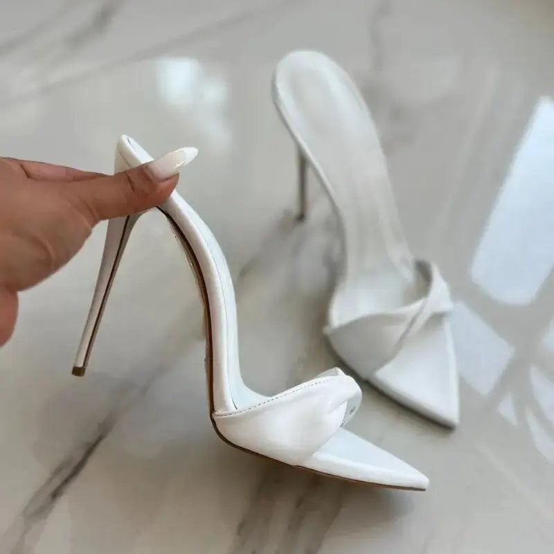12CM European and American Fashion Sexy Pointed Thin High-Heeled White Sandals with Flared Thin Heels Women's Shoes in Large Siz