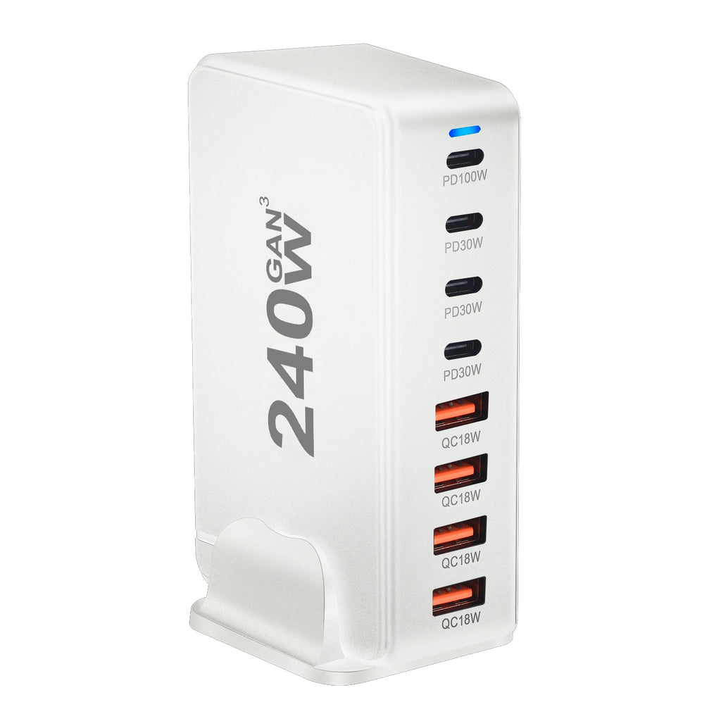 240W GaN desktop charger with 8 USB-C ports, supports PD 3.0 fast charging and is compact & portable