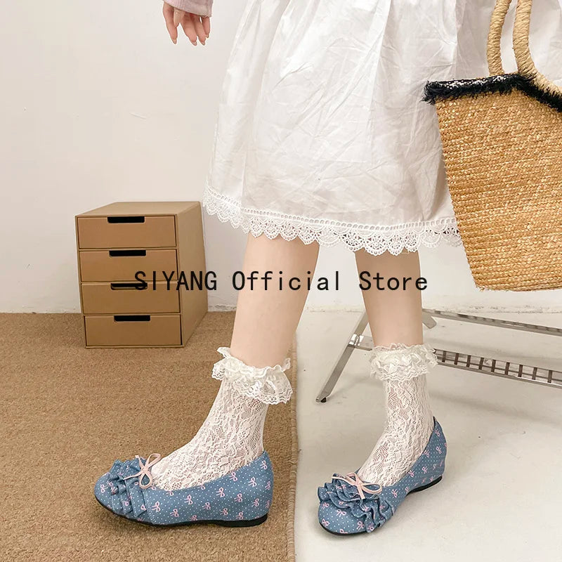 Polka Dot Mary Jane Shoes Women Sweet Ruffle Internal Elevation Shoes Ladies Soft Sole Slip On Daily Comfort Dress Footwear