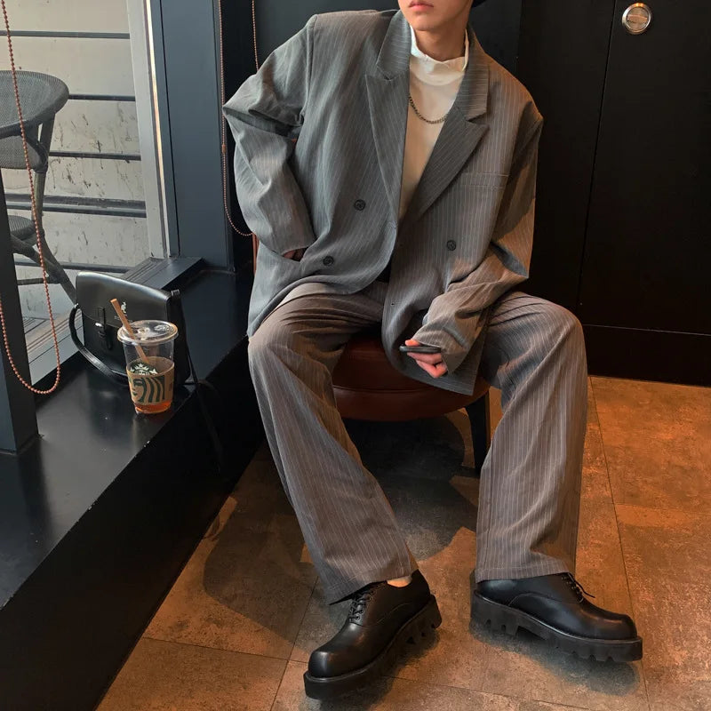Spring Summer New Fashion Men's Korean Striped 2-piece Set Suits Blazers Pants Casual Trendy Straight Business Suit Male Sets