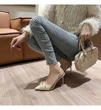 French Bride Gold Wedding Shoes spring women Thin Heel Pointed Shallow Mouth Flower Rhinodrill High Heels  Fashion Sandals