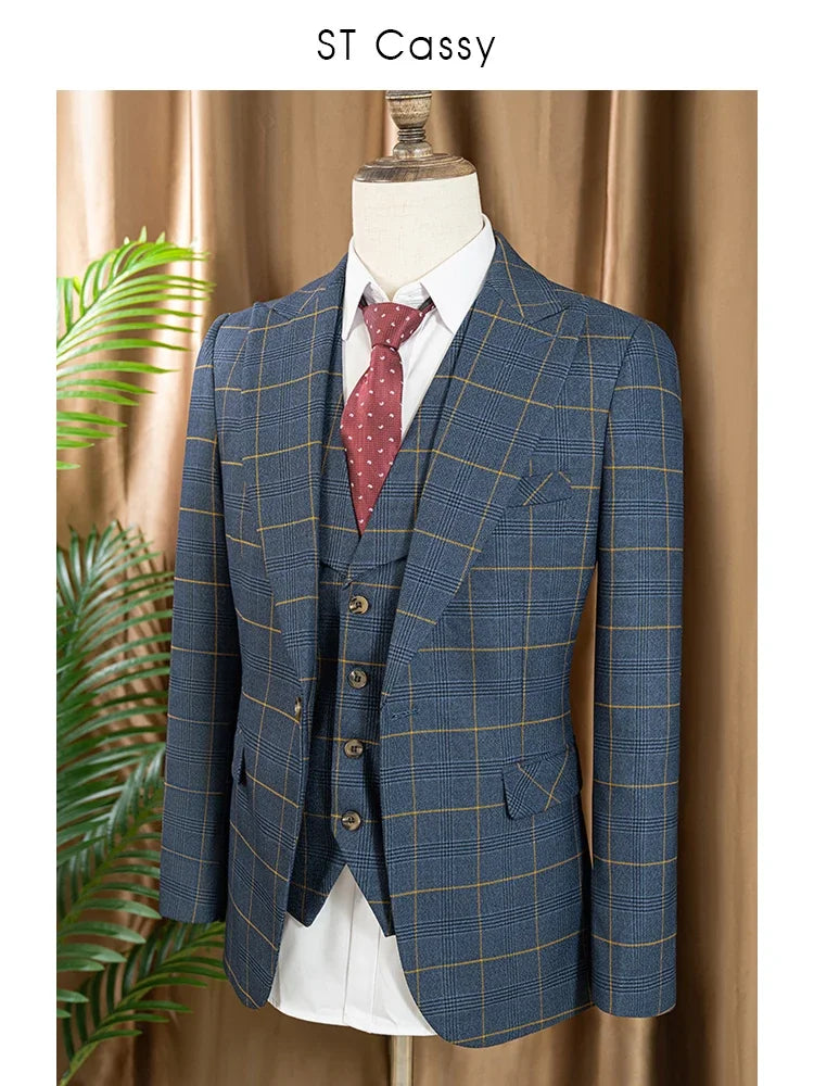 High Quality 3 Piece Checkered Suit Set Dark Blue Stylish Business Office Wedding Formal Outfit Elegant Full Man Dinner Suit