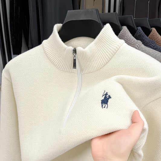 Luxury Quality Men Long-Sleeved Knitwear Mock Neck Half-Zip Thicken Horse Embroidery Spring New Pullover Fashion Casual MensWear