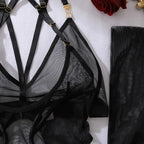 Lingeries Sexy Hot Tempted Intimate Bra Thong 2PC Set with Garter Belts Stockings Gloves Fantasy Sheer Daring Lingerie for Women