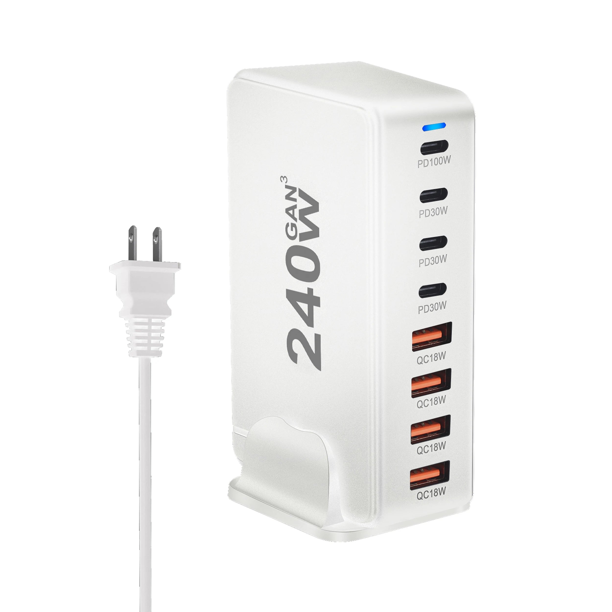 240W GaN desktop charger with 8 USB-C ports, supports PD 3.0 fast charging and is compact & portable