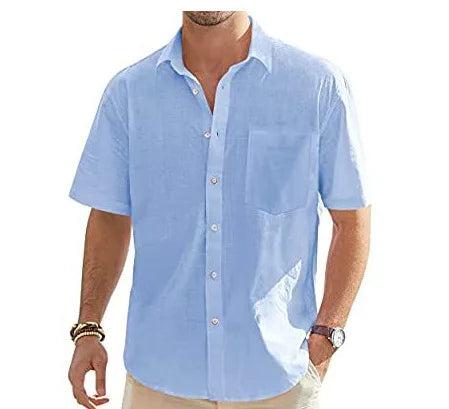 Men's Cotton Linen Short Sleeve Shirt Casual Button Down Shirt with Pocket Summer Beach Breathable Loose Tops Large size S-6XL