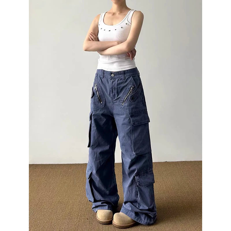 YIBASHU Women's Blue Gothic Emo Y2k Gyaru Baggy Jeans Oversize Denim Trousers Vintage Harajuku Grunge Cargo Wide Leg Jean Pants