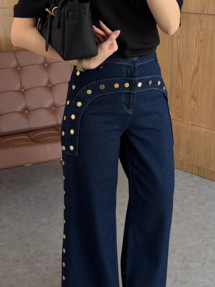 KT 2026 New Women's Dark Blue Wide Leg Jeans Gold Studded Detail High Waist Pocket Decorative Denim Pants