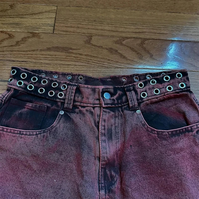 Y2K Casual Loose Jeans Vintage Letter Print Rivet Waist Belt Design Red High Waist Wide Leg Jeans Men Women Hip Hop Streetwear