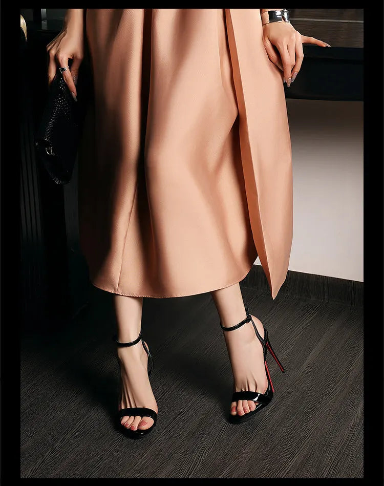 2026 new black patent leather rhinestone open toe sandals with slim heels and a straight ribbon for parties,high heels for women