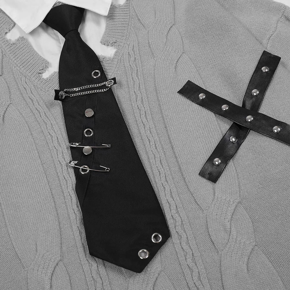 Harajuku False Two Shirt Sweaters Mens Necktie Damaged Ripped Dress Sweater Autumn Loose Casual Color Block Pullover Y2k