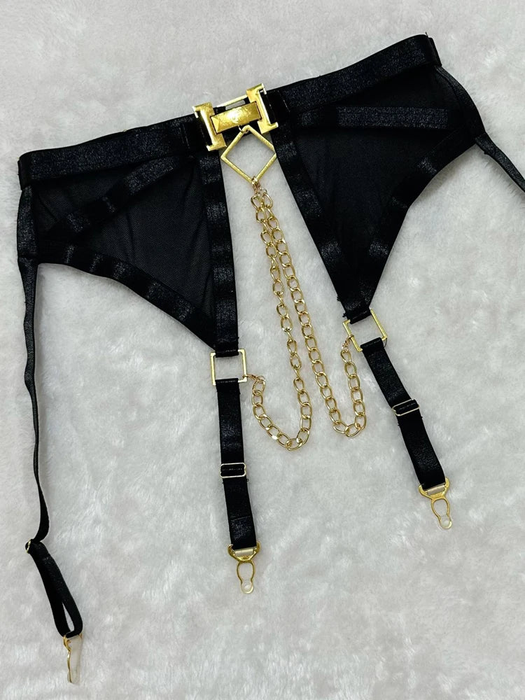 Belamimi 4 Piece Set Sexy Chain Halter Underwear Set For Women Erotic Lingerie Temptation Sexy Role Play Chain Underwear Set