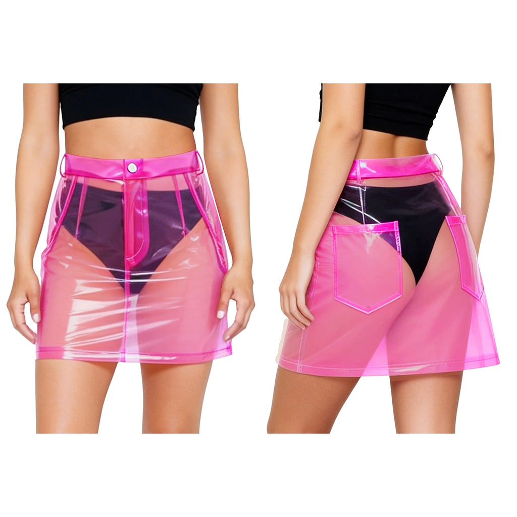 Transparent Pvc Disco Jazz Dance Bodycon Skirt for Women High Waist Pencil Miniskirt with Pockets See Through Cover Up Clubwear