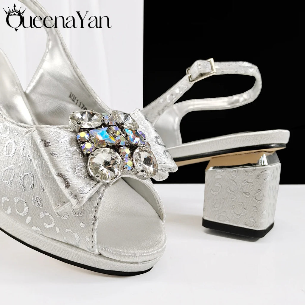 Queena Yan  2025 Shiny Italian Fashion Pointed Toe Women Heel Fashion Rhinestone Decoration Pink Color Shoes And Bag Set