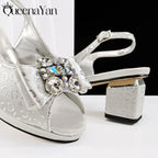 Queena Yan  2025 Shiny Italian Fashion Pointed Toe Women Heel Fashion Rhinestone Decoration Pink Color Shoes And Bag Set