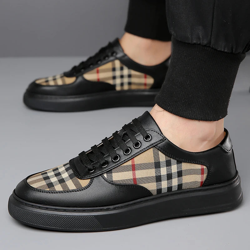 Men Classic Checkered Patchwork Thick Soled Casual Board Shoes Shock-absorbing Breathable Fashionable Commuting Street Shoes