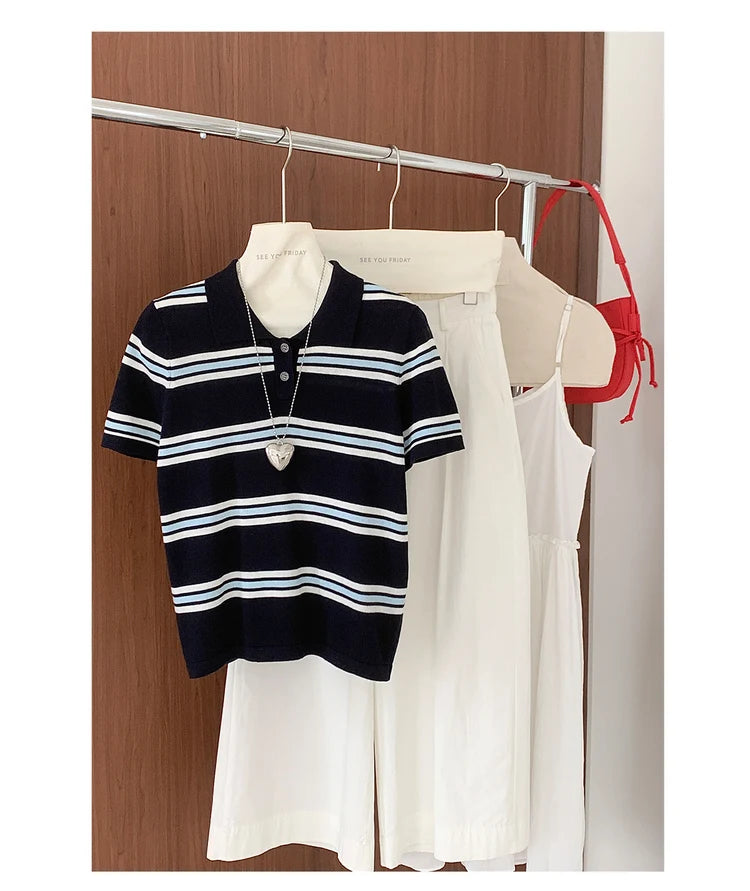 WinvyNee Summer Top Women's 100% Cotton Striped Polo T Shirt Women's Clothing Short Sleeve Casual Oversized Pullover A1522077