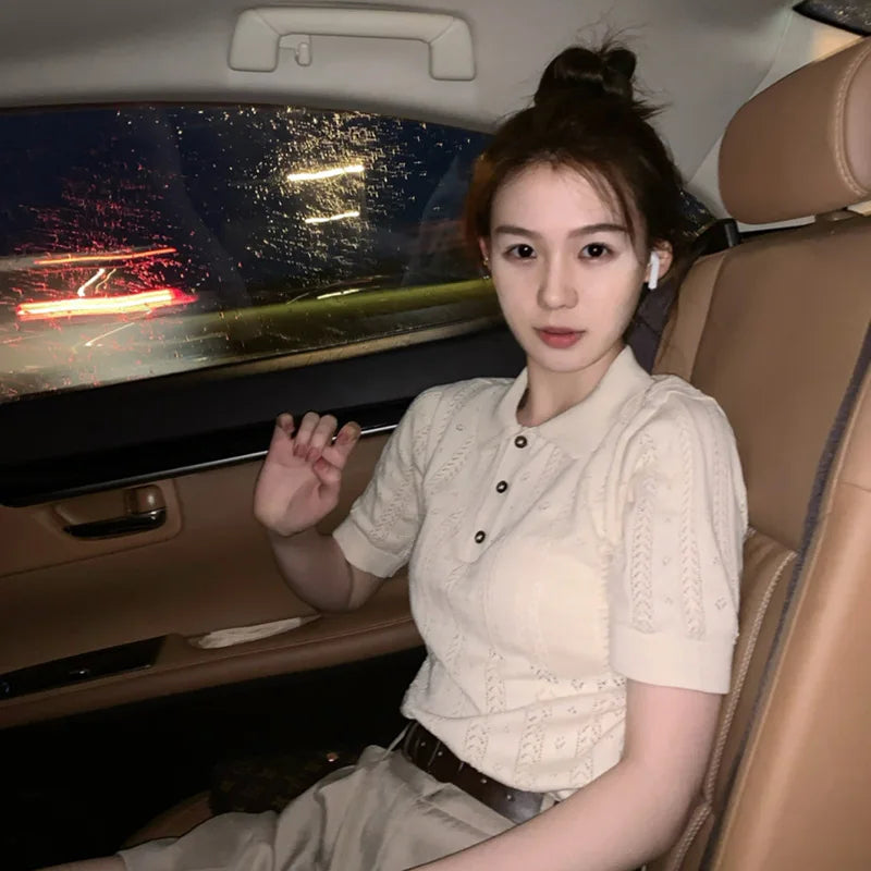 New Summer Fashion 100% Cotton Women Hollow-out Sweater T-shirt Short-sleeve Polo Collar Pullover Tees Korea Casual Knitted Tops