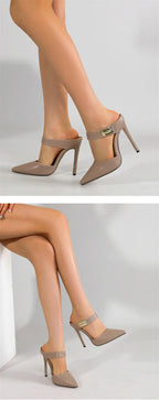 Liyke Fashion Design Metal Decoration Strap Women Pumps Slippers Cozy Leather Pointed Toe Black High Heels Shoes Stiletto Sandal