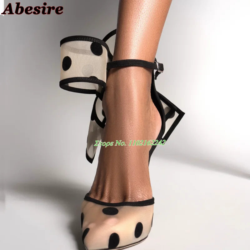 Spotted Breathable Mesh Pumps Big Bow Pointed Stiletto Buckle Strap High Heels Fashion Party Banquet Wedding Pumps For Women 47