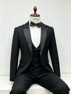 Black Men Suits Set 3 Pieces BlazerVest Pant Crystals Prom Groom Wedding Tuxedos Tailored Made Formal Office Jacket Outfit