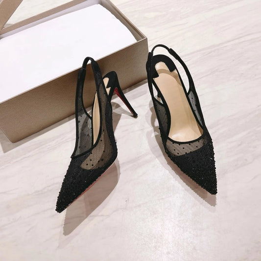 New full diamond hot stamping mesh back empty sandals for women with slim heels and pointed, sweet and breathable high heels