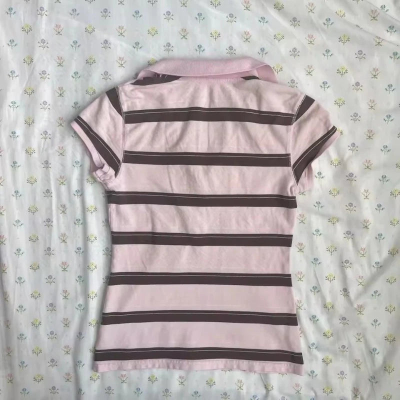 Striped Polo Collar Sweet Slim Shirt Women Short Sleeves Casual Harajuku Crop Top Japanese Style New Vintage Y2K Clothing 2025