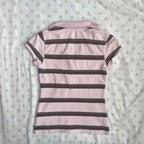 Striped Polo Collar Sweet Slim Shirt Women Short Sleeves Casual Harajuku Crop Top Japanese Style New Vintage Y2K Clothing 2025