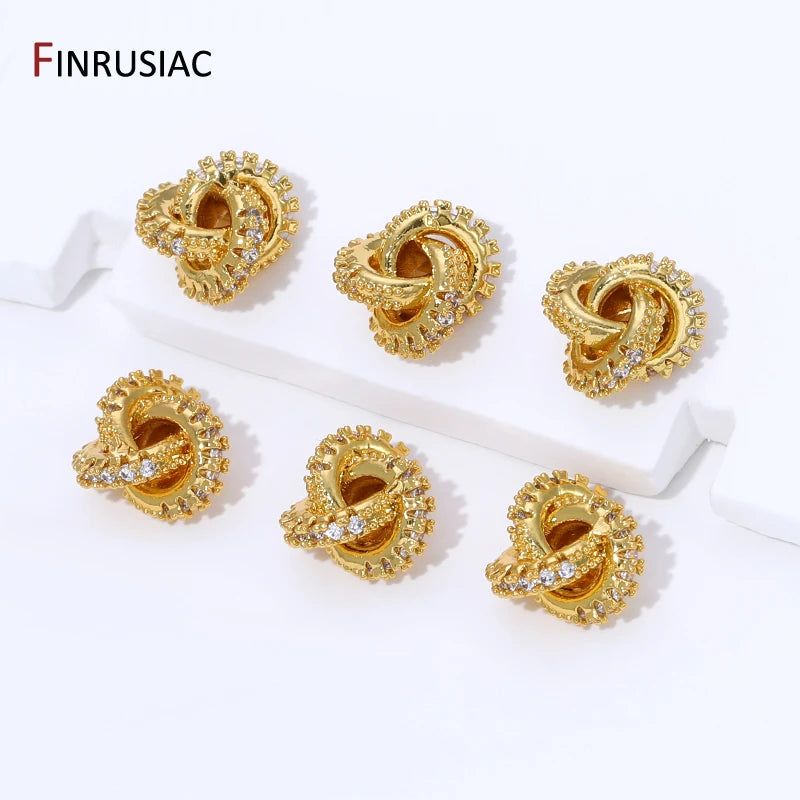 18K Gold Plated Brass With Zircon Round Twist Beads For Bracelets,Separator Bead,Spacer Beads For DIY Jewelry Making Accessories