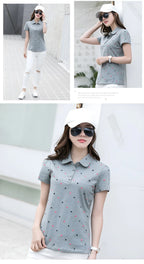 Women's Summer Cotton Shirt - Slim Fit Foldable Flip Collar Short Sleeve Printed Casual Top Trendy Button Design Fashion