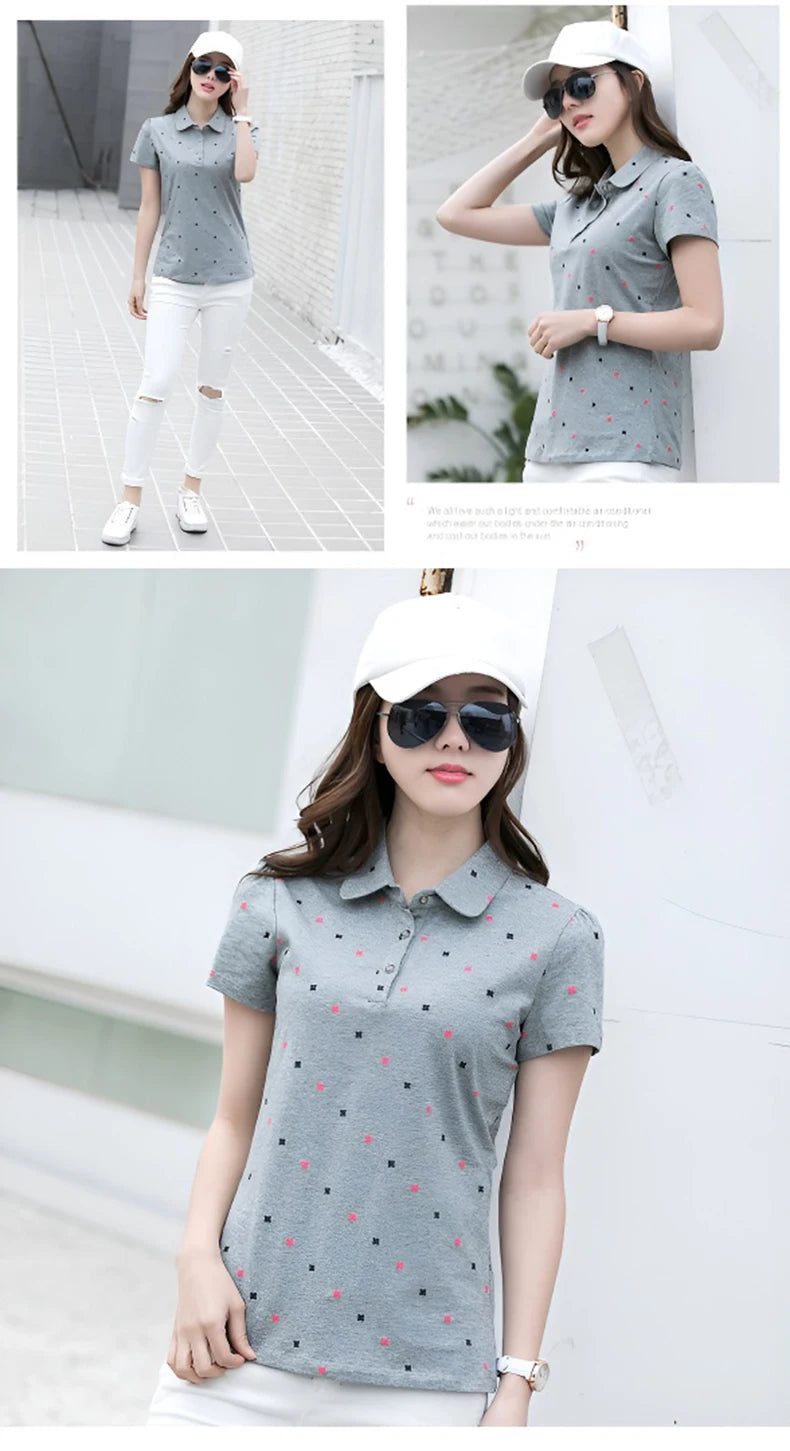 Women's Summer Cotton Shirt - Slim Fit Foldable Flip Collar Short Sleeve Printed Casual Top Trendy Button Design Fashion