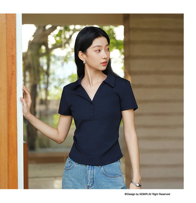 Semir Women Polo Shirt Short Length Ruched Slim Fit Standard Shoulder Cool Feeling 2026 Summer Temperament Versatile Fashion Top