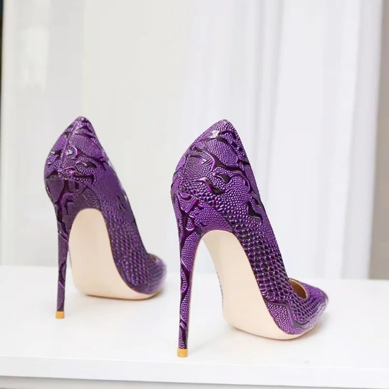 Purple Embossed Crocodile Effect Women Pointy Toe Slip On High Heel Shoes for Party Sexy Ladies Dress Stiletto Pumps