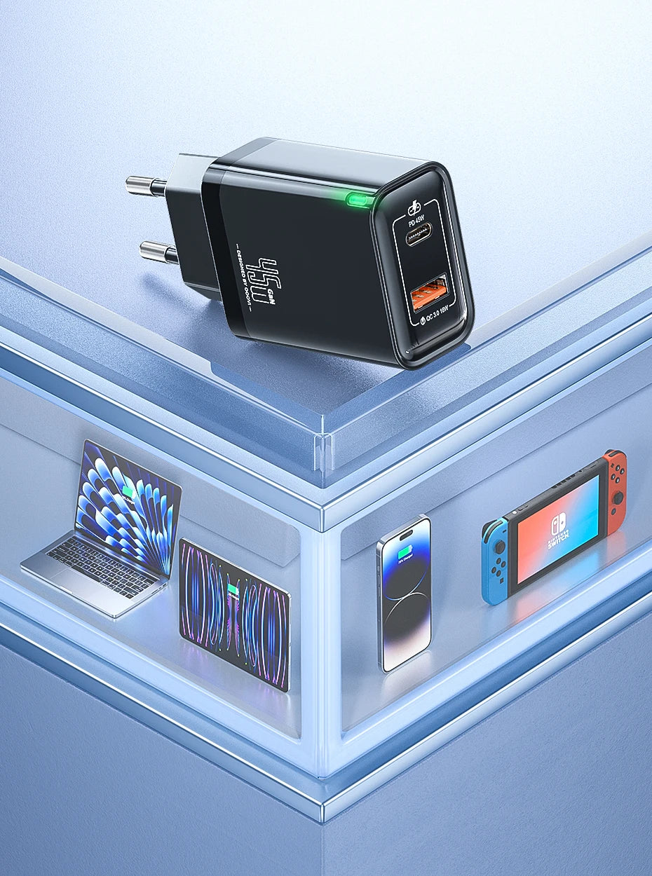 QOOVI GaN 45W USB Charger Fast Charging USB Type C Wall Charger PD QC3.0 Quick Charge For iPhone Samsung S23 S21 Laptop Tablet