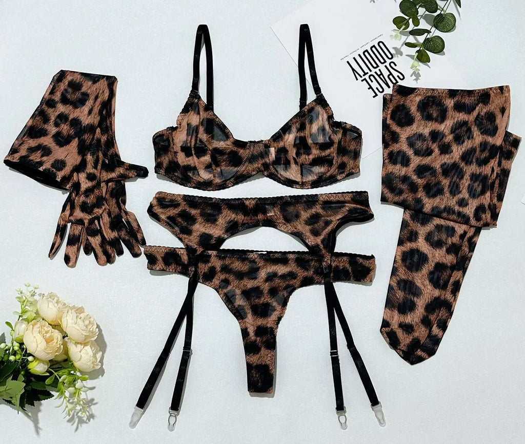 5Pcs Leopard Lingerie Set With Garter Belt Stockings Gloves Mesh Bra and Panty Set Strappy Underwear Erotic Costume For Women