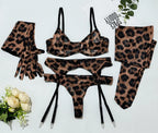 5Pcs Leopard Lingerie Set With Garter Belt Stockings Gloves Mesh Bra and Panty Set Strappy Underwear Erotic Costume For Women