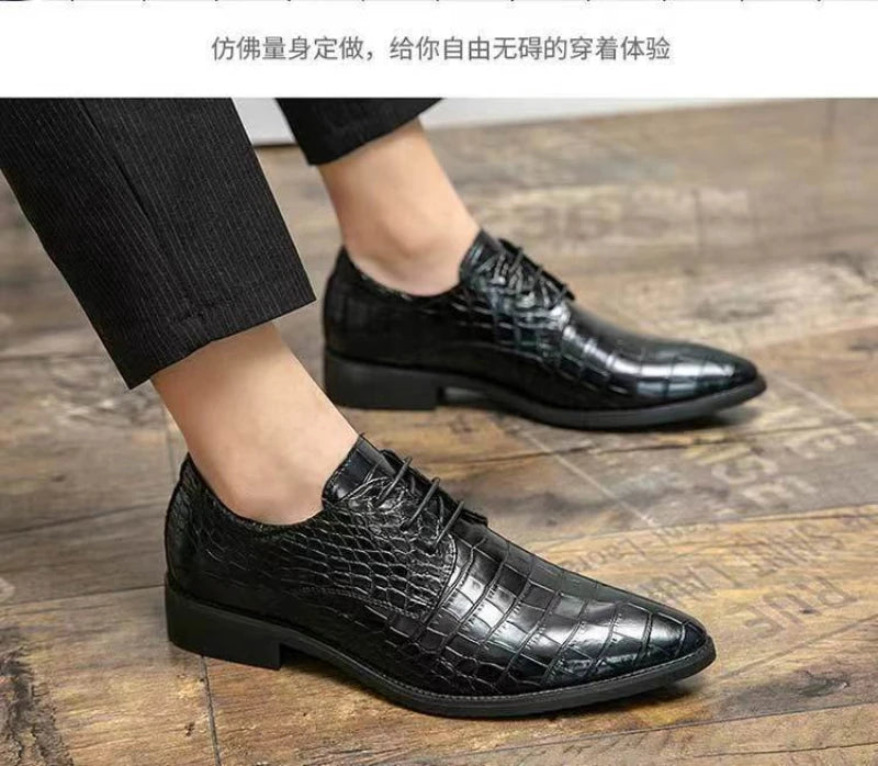 Mens Brown Crocodile Embossed Leather Dress Shoes Pointed Toe Lace Up Oxfords Formal Business Office Wedding Party Wear Comforta
