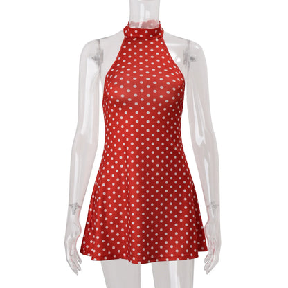 Polka Dot Elegant Off Shoulder Sleeveless Backless High Waist Halter Mini Dress Y2K Summer Fashion Club Party Vestidos
